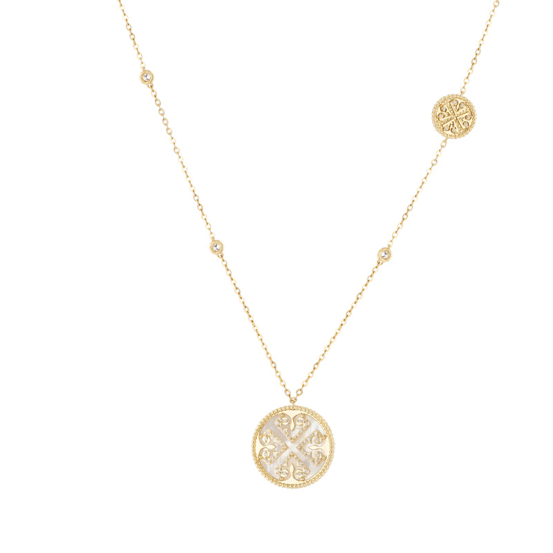 Damas Lace White Mother of Pearl Diamond Necklace in 18K Yellow Gold